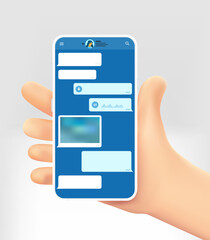 Cartoon hand holding modern smartphone with messenging application. World travel concept. 3d vector illustration 