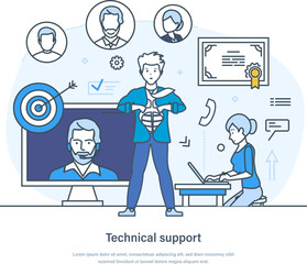 Technical support and customer call center online service. Hotline operator advising customers with headset. Call center processing system, hotline thin line design of vector doodles