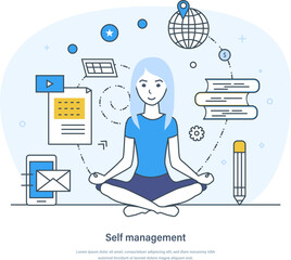 Self management, personal development and professional growth concept. Time management, motivation, productivity, effective job planning thin line design of vector doodles