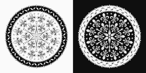 Round black and white carnival Mardi Gras pattern like mandala. Fleur de lis symbol, streamer, ribbons and beads. For prints, clothing, t shirt, plate, surface design. Vintage style © OA_Creation