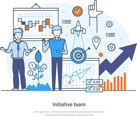 Initiative team, professional business people giving solution, solving problems. Corporate company management, collaborative startup project, development strategy thin line design of vector doodles