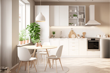 Interior design, cheerful studio apartment in the Scandinavian style. Modern kitchen and fashionable furniture, Generative AI