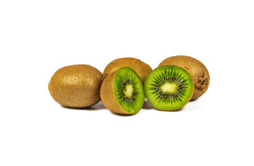 Obraz premium Three whole kiwi and one cut kiwi lie on a white background