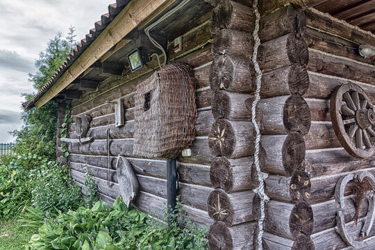 The wall and the corner of a Russian village log hut