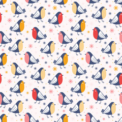 Seamless winter pattern. Little birds among snowflakes and snow on pink background. Titmouse and bullfinches. Hand drawn vector flat illustration for design wallpaper, packaging, wrapping paper.