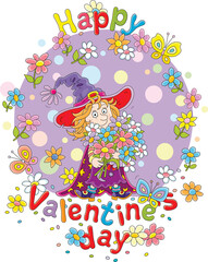 Happy Valentines Day card with a funny little witch holding a beautiful bouquet of colorful flowers and merry butterflies flying around, vector cartoon illustration isolated on a white background