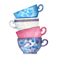 Stack of cups different colors on a white background. Watercolor illustration element for design of wrapping paper and textile