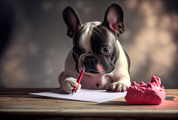 French Bulldog writing a love letter to the owner on a desk. Animal and pet concept. Generative AI