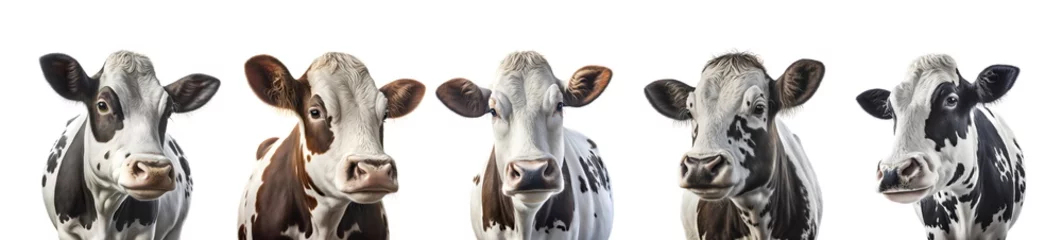 Foto op Aluminium Beautiful cows on a white background. Farm Cow isolated on white, rural livestock black and white gentle surprised look, cattle portrait, copy space © angel_nt