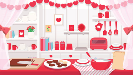 バレンタイン風キッチンの背景素材