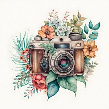 Retro camera in flowers and plants. photo camera. Can be used as print, logo, for cards, wedding invitation