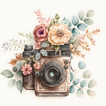 Retro camera in flowers and plants. photo camera. Can be used as print, logo, for cards, wedding invitation