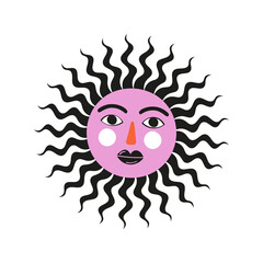 Hand drawn illustration of a sun with a face. Vector illustration isolated on white background	