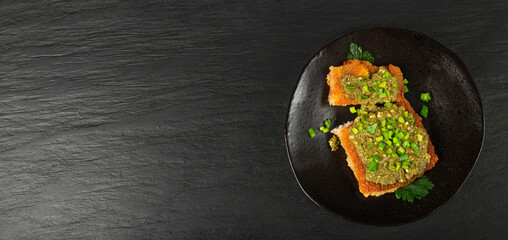 White Fish with Pesto, Grilled Cod Fillet with Green Sauce, Crispy Amritsari in Breadcrumbs, Pesto Fish