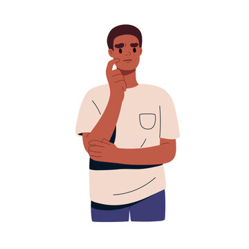 Pensive thoughtful black man in trouble doubting, thinking. Puzzled worried person pondering, wondering. Tension, anxiety face expression. Flat vector illustration isolated on white background
