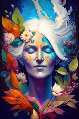 Colorful creative illustration  of a beautiful dreaming woman with leafs and flowers. Created with generative AI - obrazy, fototapety, plakaty