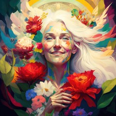 Colorful creative oil painting on canvas of a beautiful woman with leafs and flowers. Created with generative AI