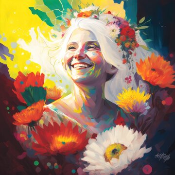 Painting of a happy woman with white hair surrounded by nature, flowers and leaves in sunlight. Created with generative AI.