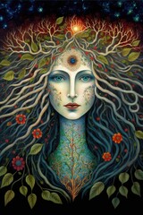 Illustration of a goddess of nature merges with tree branches leaves and the universe. Colorful, magical tarot naive art in the stile of Saga. Created with generative AI. - obrazy, fototapety, plakaty