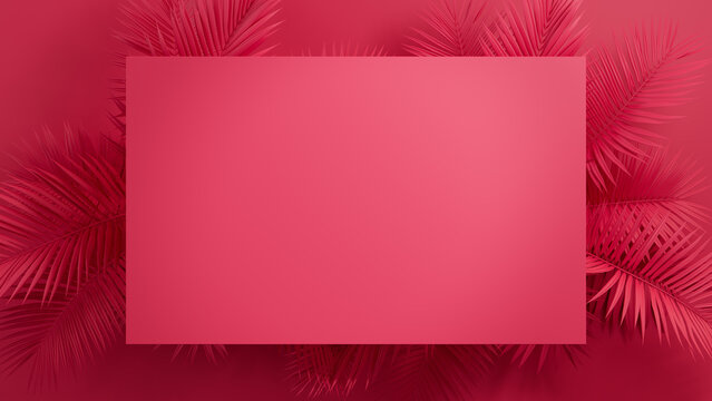 Pink, Palm Plant Border with Rectangle Botanical Frame. Contemporary Background with copy-space.