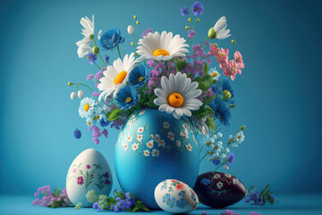 happy easter Easter painted eggs in a basket for holiday decoration copy space Generative AI