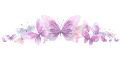 Fototapeta na wymiar Lilac, pink and blue butterflies. Watercolor illustration. Composition from the collection of CATS AND BUTTERFLIES. For the design and decoration of prints, postcards, posters.