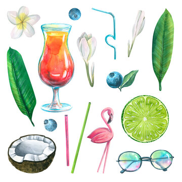 Cocktail with coconut, lime, blueberries, tropical leaves, plumeria flowers, pink flamingos and sunglasses. Watercolor illustration. A set of isolated objects from the BEACH BAR collection.