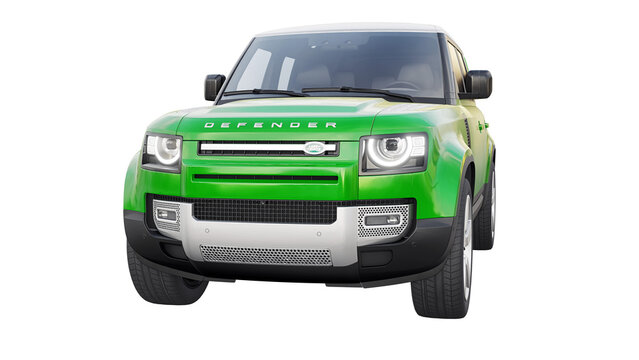 Paris, France. January 30, 2023: Land Rover Defender 2020. Expedition SUV for rural areas and outdoor activities. 3d render