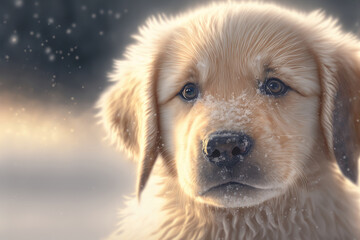 Golden Retriever, a sad and lonely dog without a friend during a snowy winter. generative ai