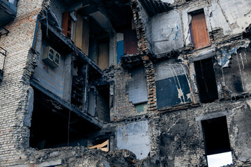 Russian invasion of Ukraine. Damaged residental building.