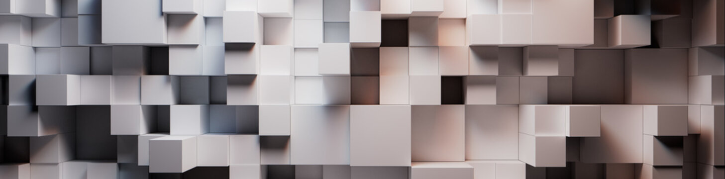 White and Grey, Multisized Cubes Precisely Arranged to create a Innovative Tech Background. 3D Render.