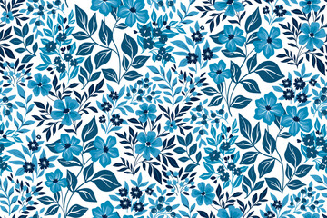Seamless floral pattern with decorative art garden in folk style. Cute ditsy print, botanical design with blue hand drawn plants, small flowers, branches, large leaves on a white background. Vector.
