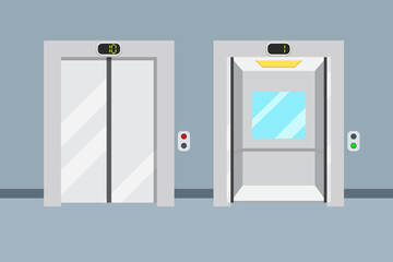 Open and closed elevator. Lift cabin inside. The elevator cabin with a mirror. Metal doors. Vector illustration