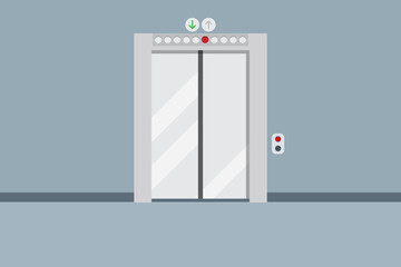 Elevator doors closed. Steel lift cabin doors. Empty office or hotel hallway. Vector illustration