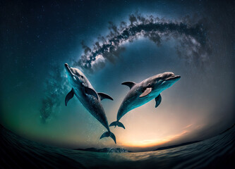 Obraz premium Dolphin couple jumping in ocean at night. Generative AI