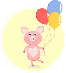 A cute pink pig is holding colorful balloons. Cartoon character in flat style.