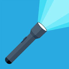 Flashlight with a bright beam. Pocket flashlight. Light source. LED light. Vector illustration in a flat design.
