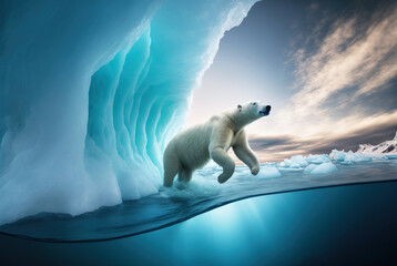 Polar bear on melting iceberg, global warming. Generative AI