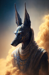 Portrait of an anubis on the background of the desert. Generative AI. - obrazy, fototapety, plakaty