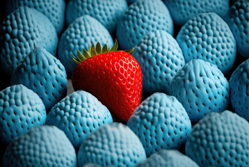Red strawberry among blue strawberries, different and unique. Generative AI