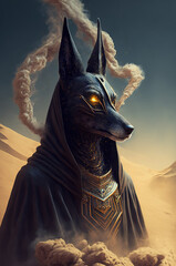 Portrait of an anubis on the background of the desert. Generative AI.
