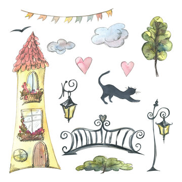 A cute house with trees, lanterns, a bridge, a black cat, hearts, clouds and a garland of flags. Watercolor illustration. A set from the PARIS collection. For decoration and design.