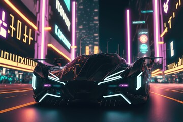 Fototapeta premium Futuristic car on the street of the cyberpunk city, illuminated with neon lights ,made with Generative AI