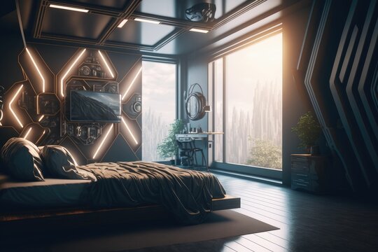 Futuristic modern cyberpunk living room design, stunning Lavish apartment ,made with Generative AI