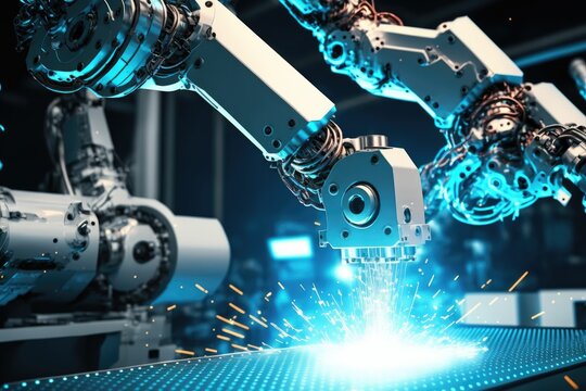 Robotic arms working at the futuristic factory ,industrial welding robots, made with Generative AI