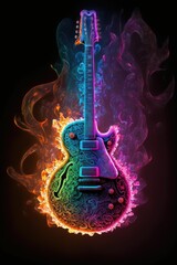 Guitar in neon with fire and smoke ,made with Generative AI
