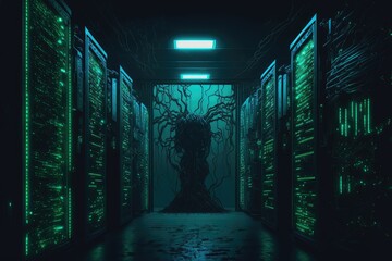 Cyberpunk data center room with mainframe storage servers, vintage cloud network concept, hosting databases and internet ,made with Generative AI