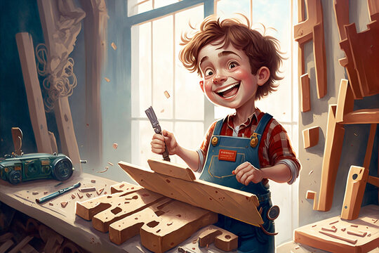illustration for a children's book of a smiling child carpenter - AI generative