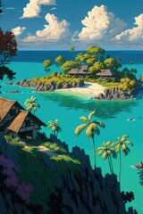 Paradise tropical island with small village and beach ,made with Generative AI