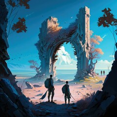 Fototapeta premium Alien landscape with ruined castle, space explorers ,made with Generative AI